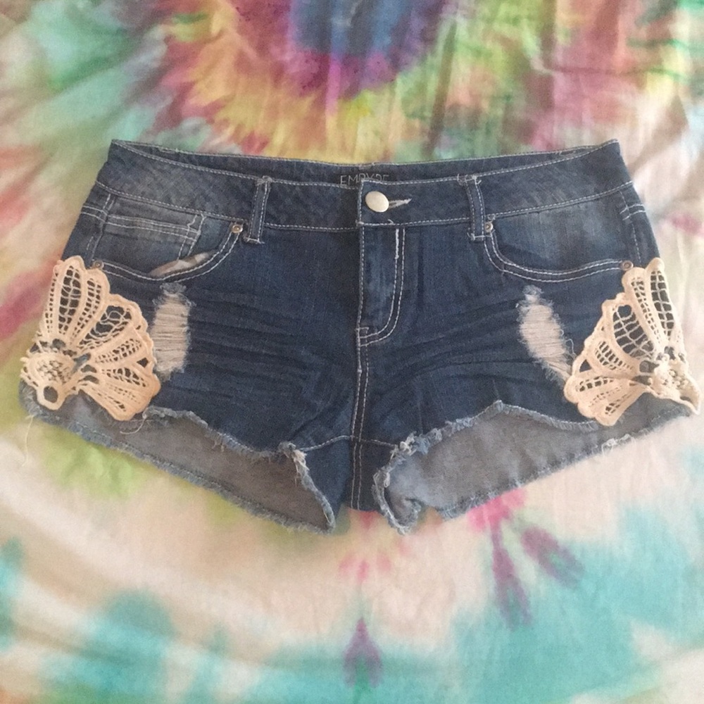 Women’s dark denim short shorts crochet details 9